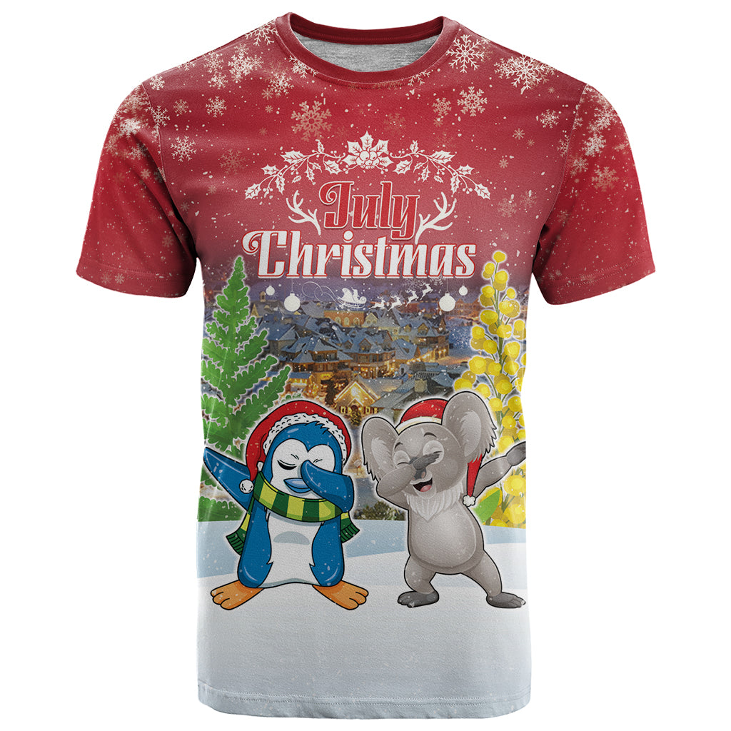 Personalised Christmas In July T Shirt Funny Dabbing Dance Koala And Blue Penguins LT05 Red - Polynesian Pride