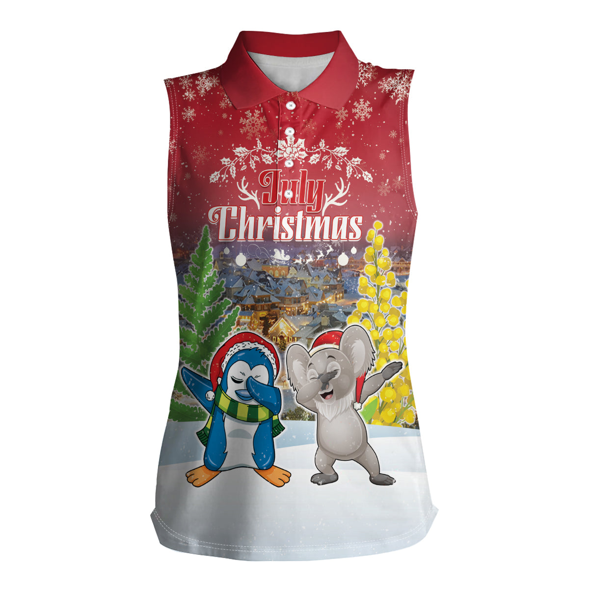 Personalised Christmas In July Women Sleeveless Polo Shirt Funny Dabbing Dance Koala And Blue Penguins LT05 Female Red - Polynesian Pride