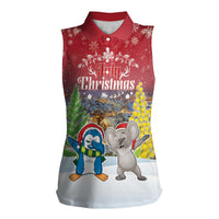 Personalised Christmas In July Women Sleeveless Polo Shirt Funny Dabbing Dance Koala And Blue Penguins LT05 Female Red - Polynesian Pride