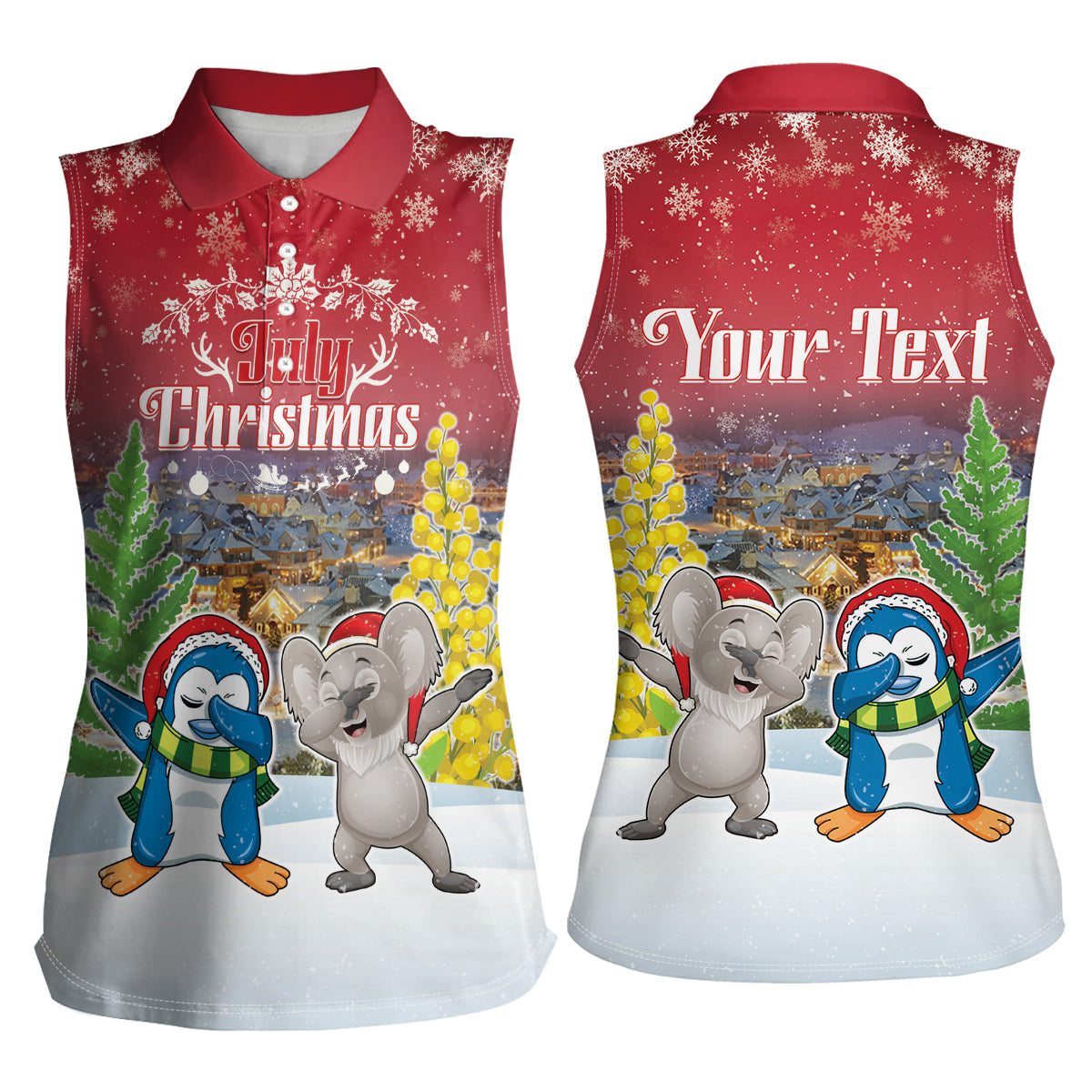 Personalised Christmas In July Women Sleeveless Polo Shirt Funny Dabbing Dance Koala And Blue Penguins LT05 - Polynesian Pride