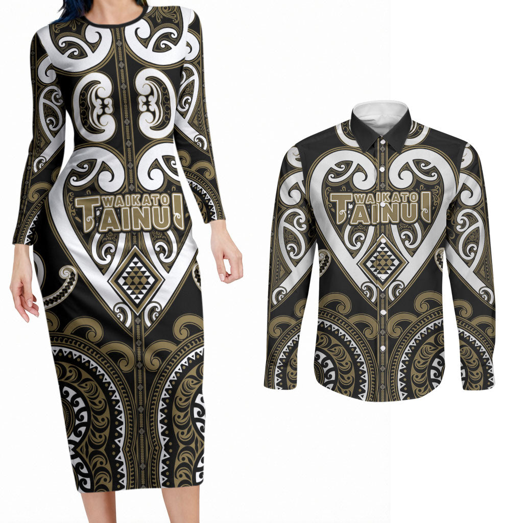 Custom Aotearoa Waikato Tainui Couples Matching Long Sleeve Bodycon Dress and Long Sleeve Button Shirt Maori Tribal Pattern LT05 Dark Yellow - Polynesian Pride