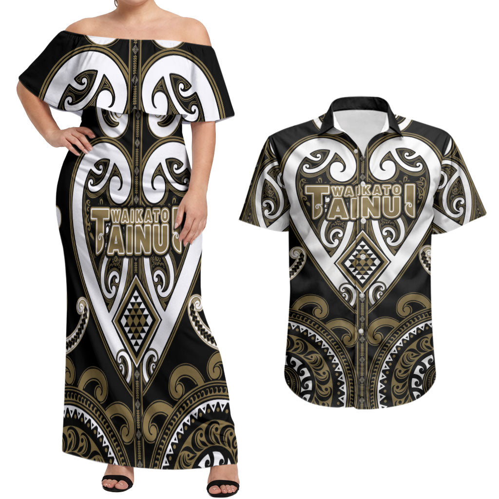 Custom Aotearoa Waikato Tainui Couples Matching Off Shoulder Maxi Dress and Hawaiian Shirt Maori Tribal Pattern LT05 Dark Yellow - Polynesian Pride