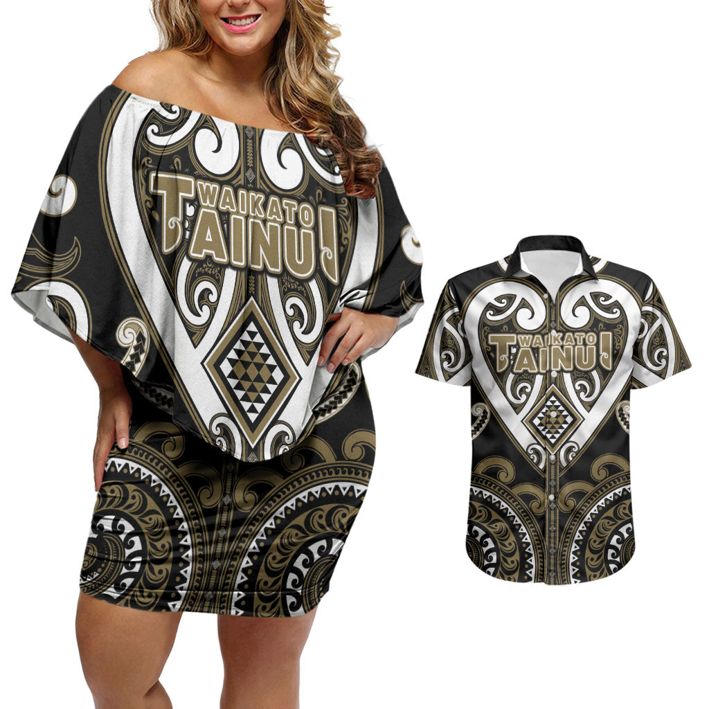 Custom Aotearoa Waikato Tainui Couples Matching Off Shoulder Short Dress and Hawaiian Shirt Maori Tribal Pattern