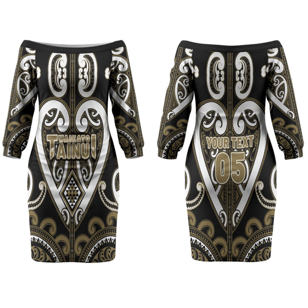 Custom Aotearoa Waikato Tainui Couples Matching Off The Shoulder Long Sleeve Dress and Hawaiian Shirt Maori Tribal Pattern