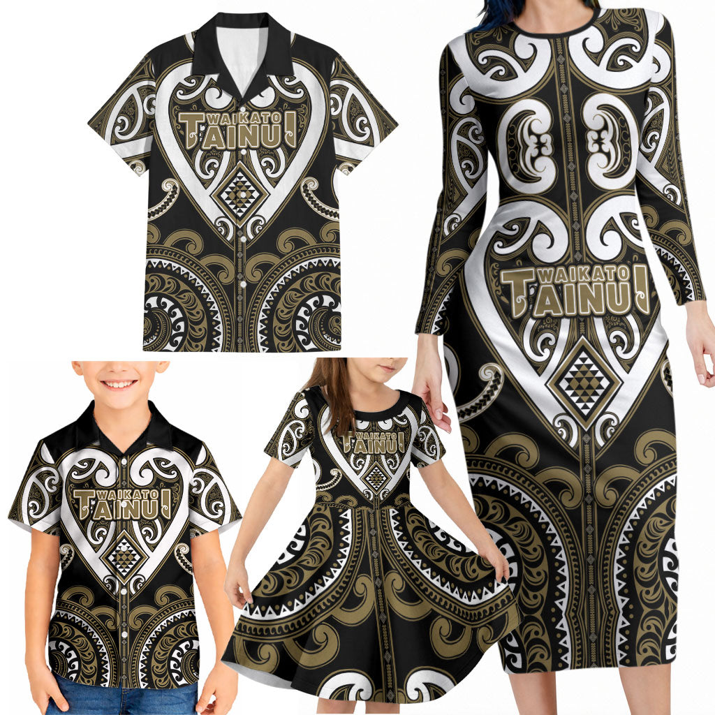 Custom Aotearoa Waikato Tainui Family Matching Long Sleeve Bodycon Dress and Hawaiian Shirt Maori Tribal Pattern LT05 - Polynesian Pride