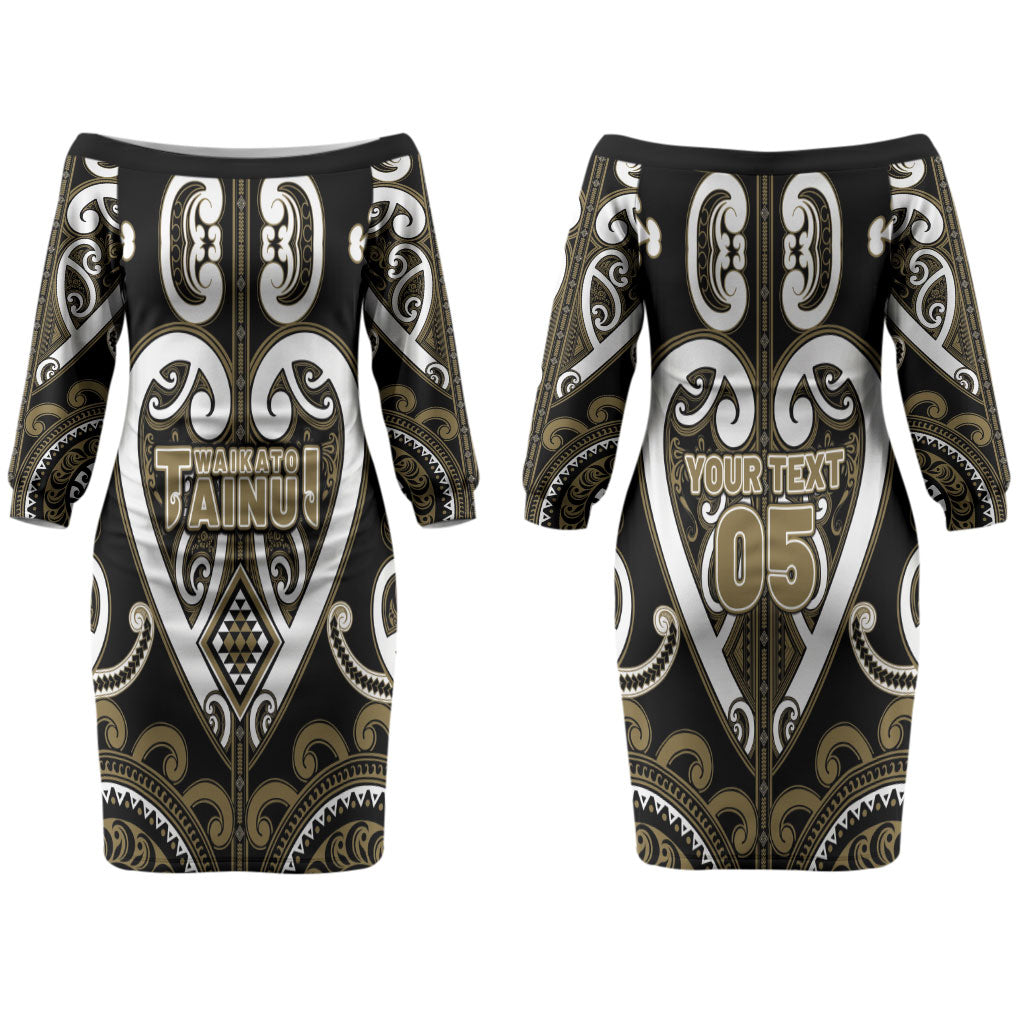 Custom Aotearoa Waikato Tainui Family Matching Off The Shoulder Long Sleeve Dress and Hawaiian Shirt Maori Tribal Pattern