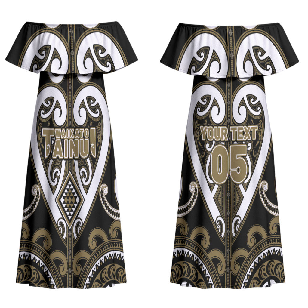 Custom Aotearoa Waikato Tainui Family Matching Off Shoulder Maxi Dress and Hawaiian Shirt Maori Tribal Pattern