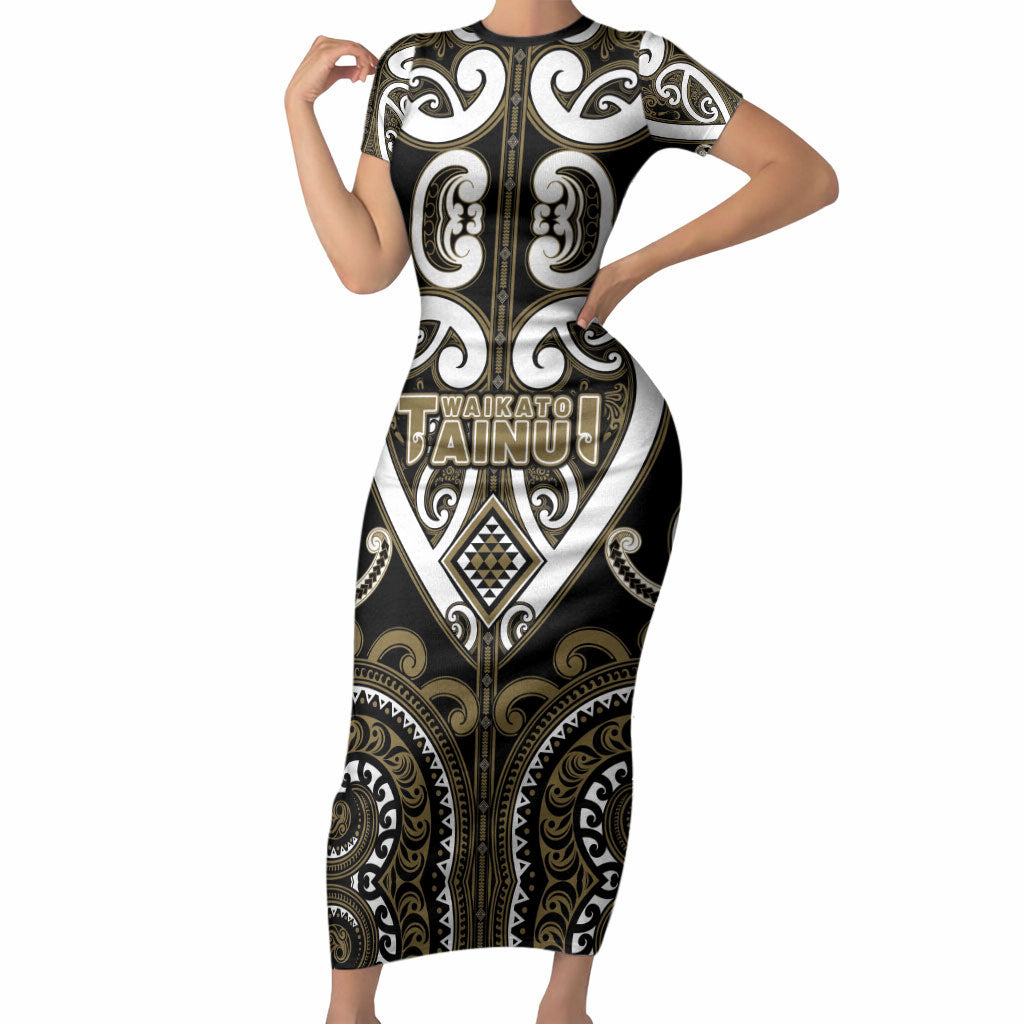 Custom Aotearoa Waikato Tainui Short Sleeve Bodycon Dress Maori Tribal Pattern LT05 Long Dress Dark Yellow - Polynesian Pride