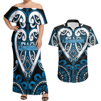 Custom Aotearoa Ngati Kahungunu Couples Matching Off Shoulder Maxi Dress and Hawaiian Shirt Maori Tribal Pattern