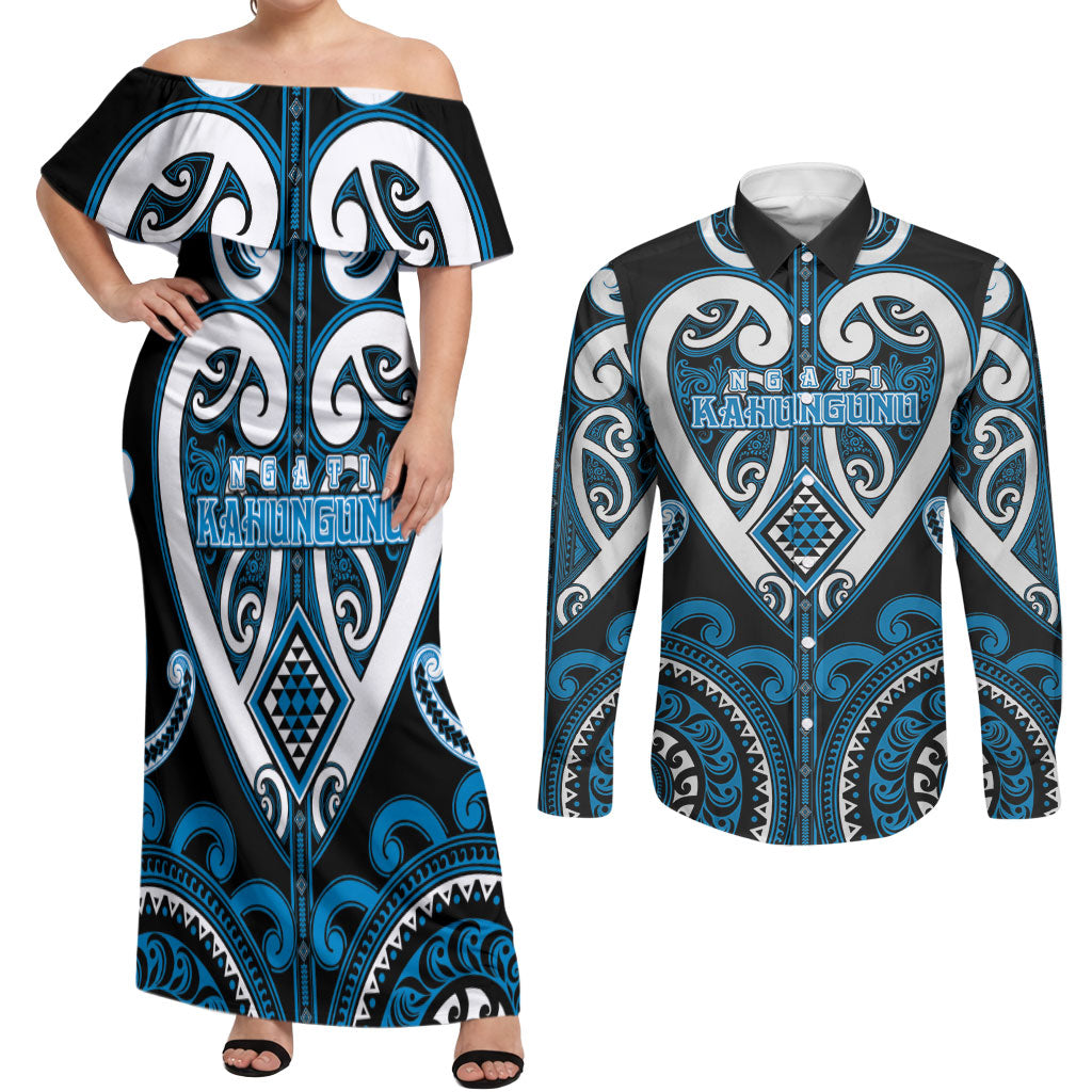 Custom Aotearoa Ngati Kahungunu Couples Matching Off Shoulder Maxi Dress and Long Sleeve Button Shirt Maori Tribal Pattern LT05 Blue - Polynesian Pride