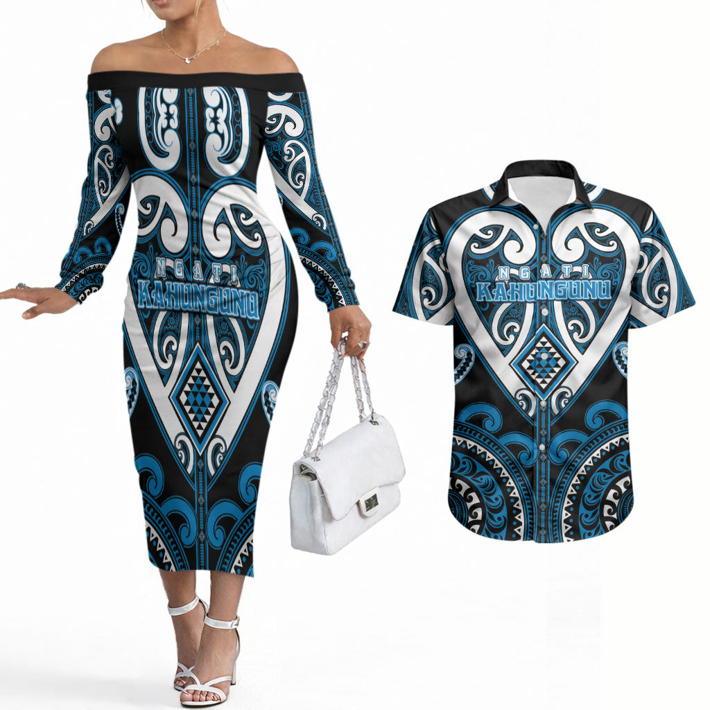 Custom Aotearoa Ngati Kahungunu Couples Matching Off The Shoulder Long Sleeve Dress and Hawaiian Shirt Maori Tribal Pattern