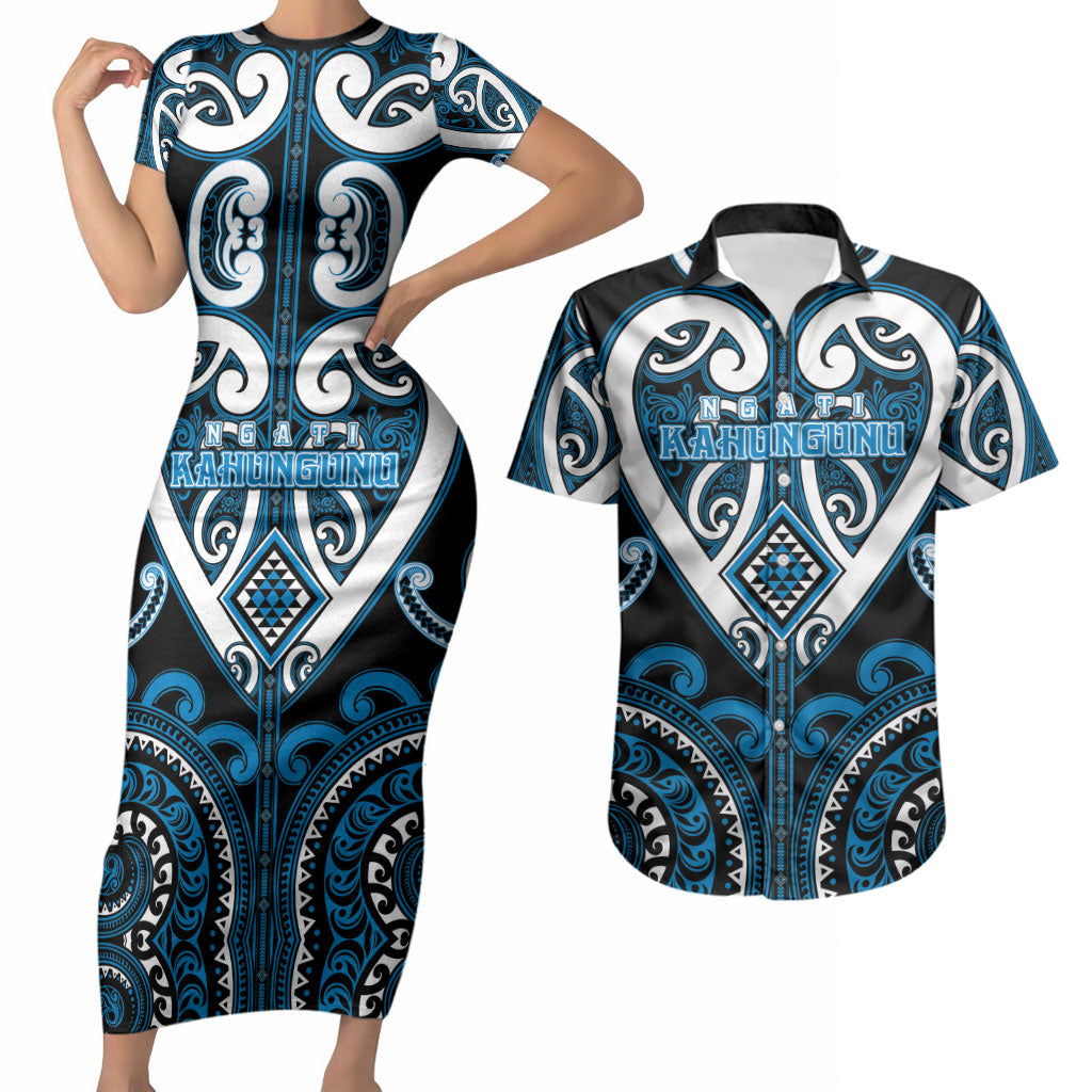 Custom Aotearoa Ngati Kahungunu Couples Matching Short Sleeve Bodycon Dress and Hawaiian Shirt Maori Tribal Pattern
