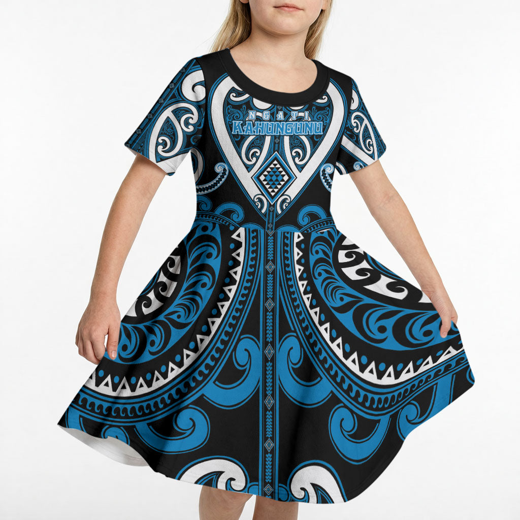 Custom Aotearoa Ngati Kahungunu Kid Short Sleeve Dress Maori Tribal Pattern