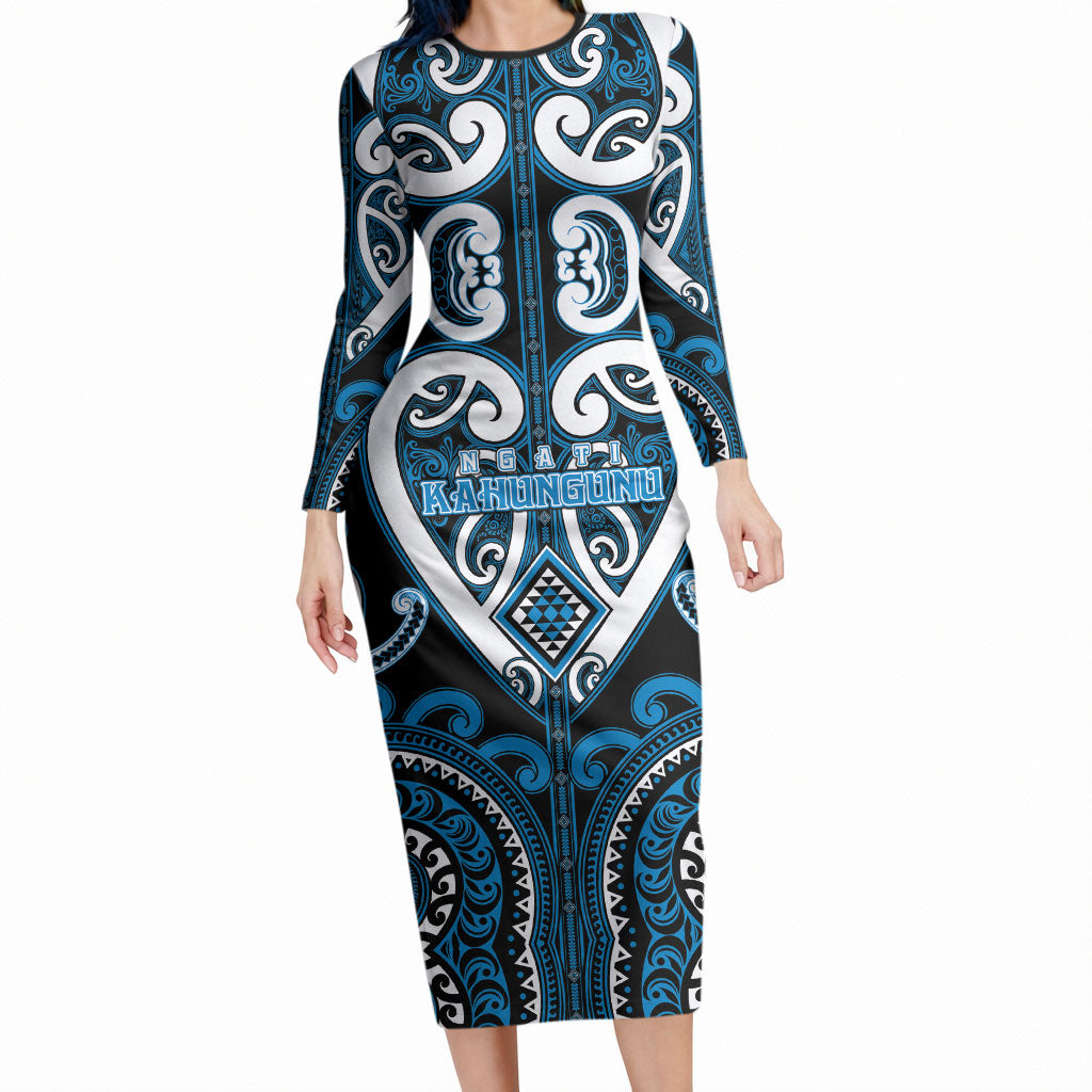 Custom Aotearoa Ngati Kahungunu Long Sleeve Bodycon Dress Maori Tribal Pattern