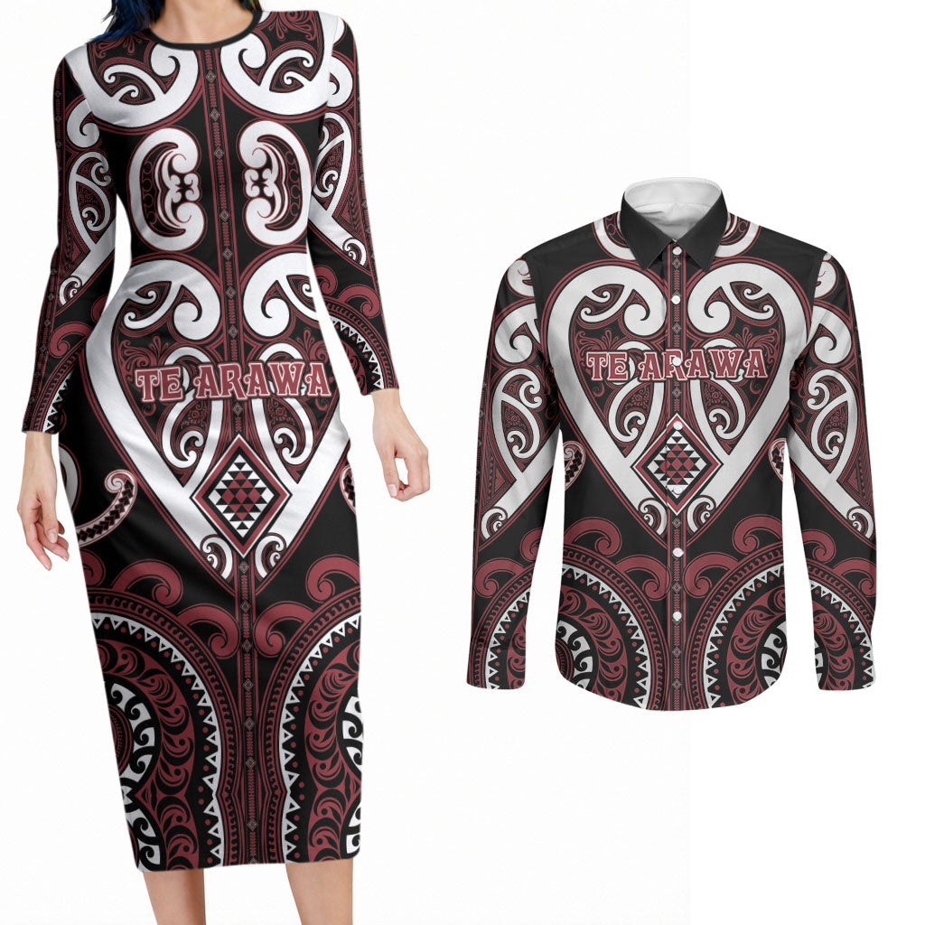 Custom Aotearoa Te Arawa Couples Matching Long Sleeve Bodycon Dress and Long Sleeve Button Shirt Maori Tribal Pattern LT05 Red - Polynesian Pride