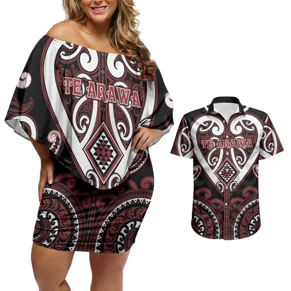 Custom Aotearoa Te Arawa Couples Matching Off Shoulder Short Dress and Hawaiian Shirt Maori Tribal Pattern LT05 Red - Polynesian Pride