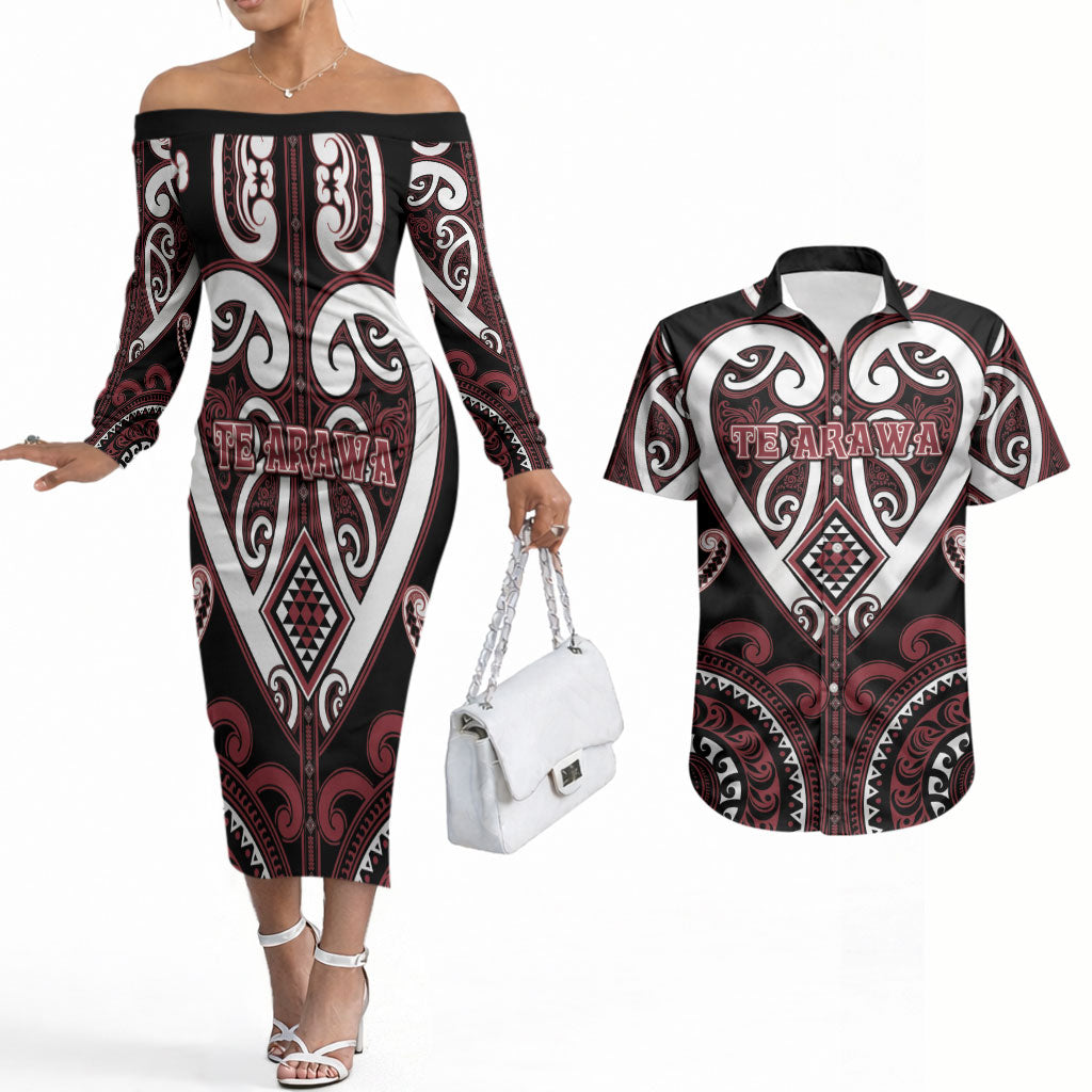 Custom Aotearoa Te Arawa Couples Matching Off The Shoulder Long Sleeve Dress and Hawaiian Shirt Maori Tribal Pattern LT05 Red - Polynesian Pride