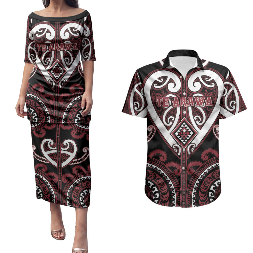 Custom Aotearoa Te Arawa Couples Matching Puletasi and Hawaiian Shirt Maori Tribal Pattern LT05 Red - Polynesian Pride