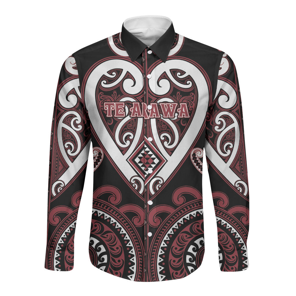 Custom Aotearoa Te Arawa Long Sleeve Button Shirt Maori Tribal Pattern LT05 Unisex Red - Polynesian Pride