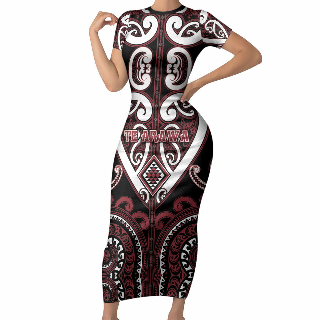 Custom Aotearoa Te Arawa Short Sleeve Bodycon Dress Maori Tribal Pattern LT05 Long Dress Red - Polynesian Pride