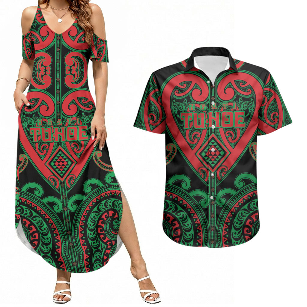Custom Aotearoa Ngai Tuhoe Couples Matching Summer Maxi Dress and Hawaiian Shirt Maori Tribal Pattern LT05 Black - Polynesian Pride