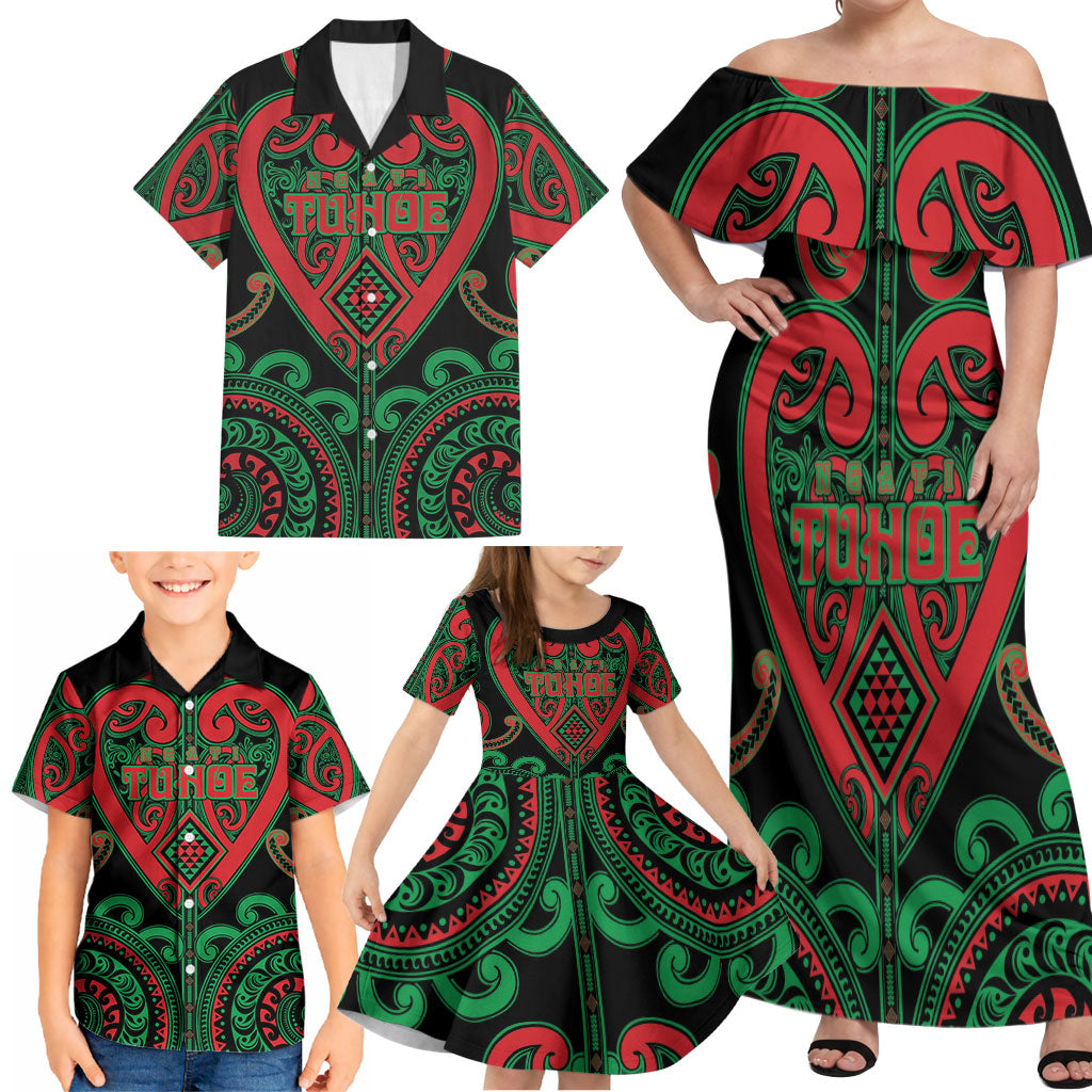 Custom Aotearoa Ngai Tuhoe Family Matching Off Shoulder Maxi Dress and Hawaiian Shirt Maori Tribal Pattern LT05 - Polynesian Pride