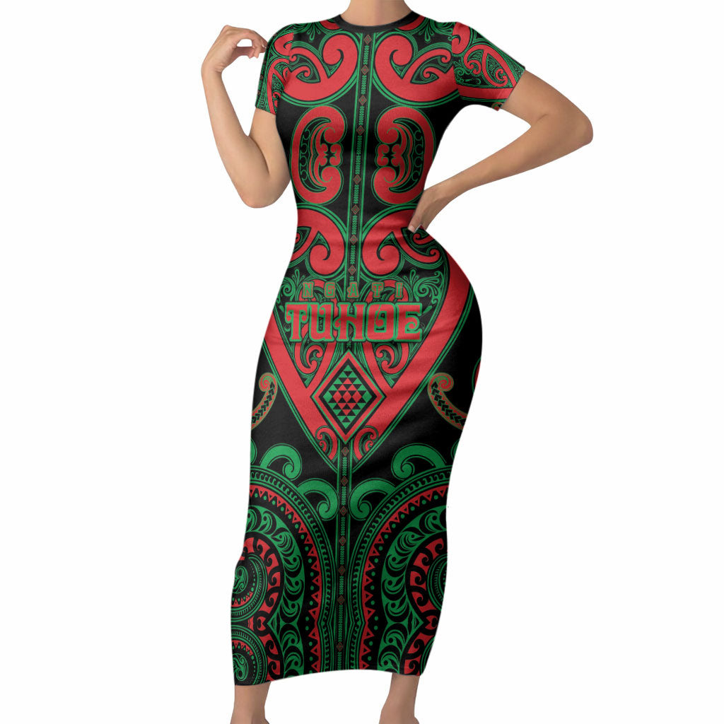 Custom Aotearoa Ngai Tuhoe Short Sleeve Bodycon Dress Maori Tribal Pattern LT05 Long Dress Black - Polynesian Pride