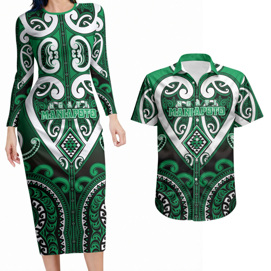 Custom Aotearoa Ngati Maniapoto Couples Matching Long Sleeve Bodycon Dress and Hawaiian Shirt Maori Tribal Pattern LT05 Green - Polynesian Pride