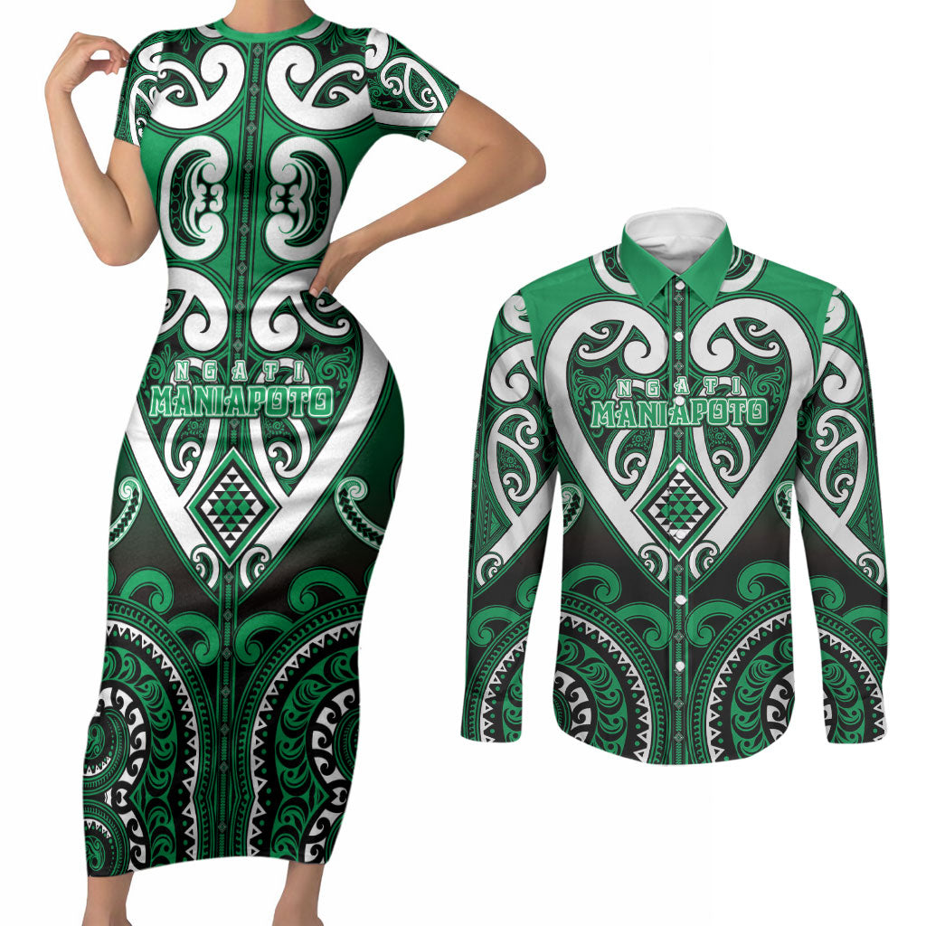Custom Aotearoa Ngati Maniapoto Couples Matching Short Sleeve Bodycon Dress and Long Sleeve Button Shirt Maori Tribal Pattern LT05 Green - Polynesian Pride