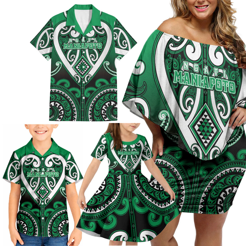 Custom Aotearoa Ngati Maniapoto Family Matching Off Shoulder Short Dress and Hawaiian Shirt Maori Tribal Pattern