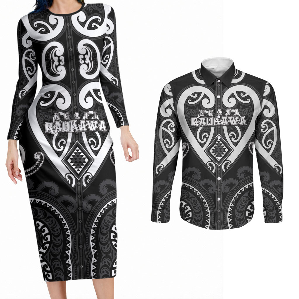 Custom Aotearoa Ngati Raukawa Couples Matching Long Sleeve Bodycon Dress and Long Sleeve Button Shirt Maori Tribal Pattern LT05 Black - Polynesian Pride