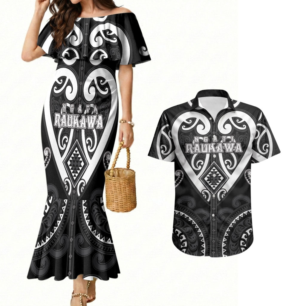 Custom Aotearoa Ngati Raukawa Couples Matching Mermaid Dress and Hawaiian Shirt Maori Tribal Pattern LT05 Black - Polynesian Pride