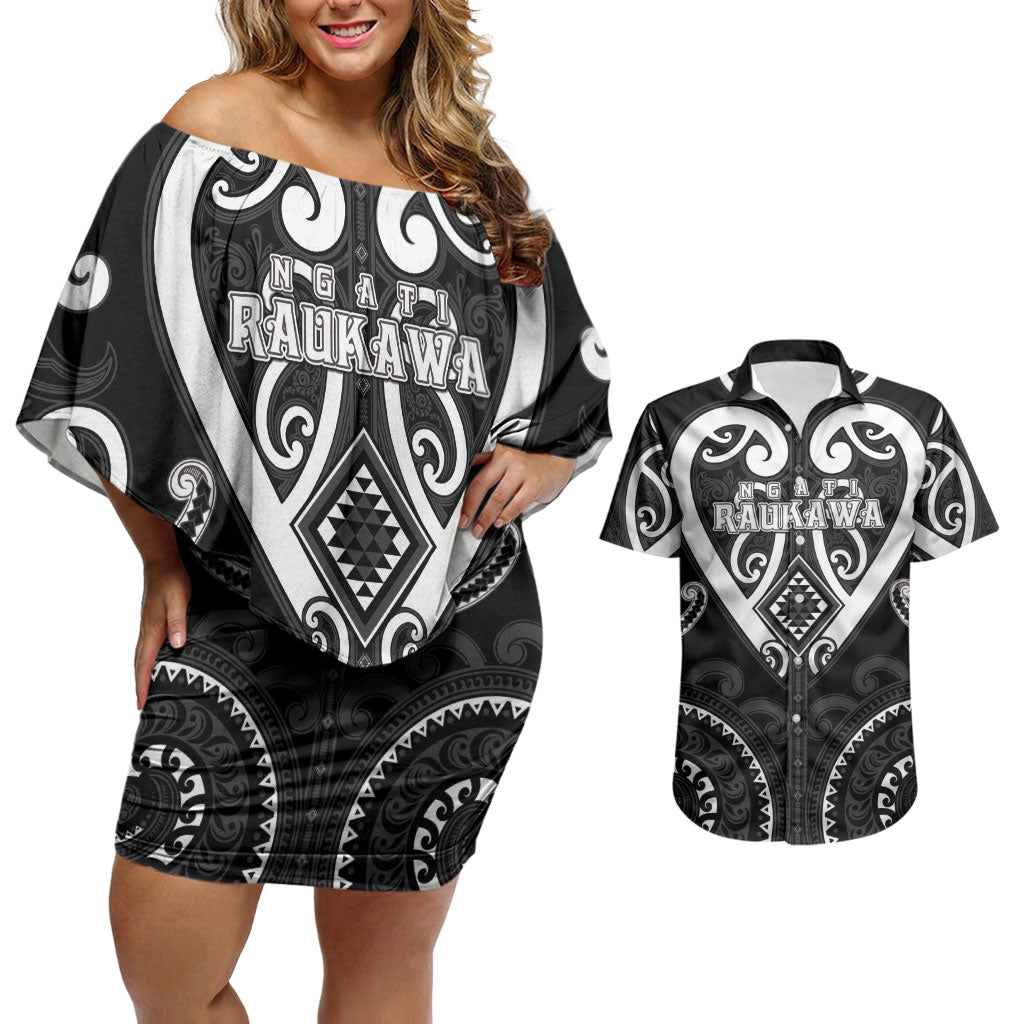 Custom Aotearoa Ngati Raukawa Couples Matching Off Shoulder Short Dress and Hawaiian Shirt Maori Tribal Pattern LT05 Black - Polynesian Pride
