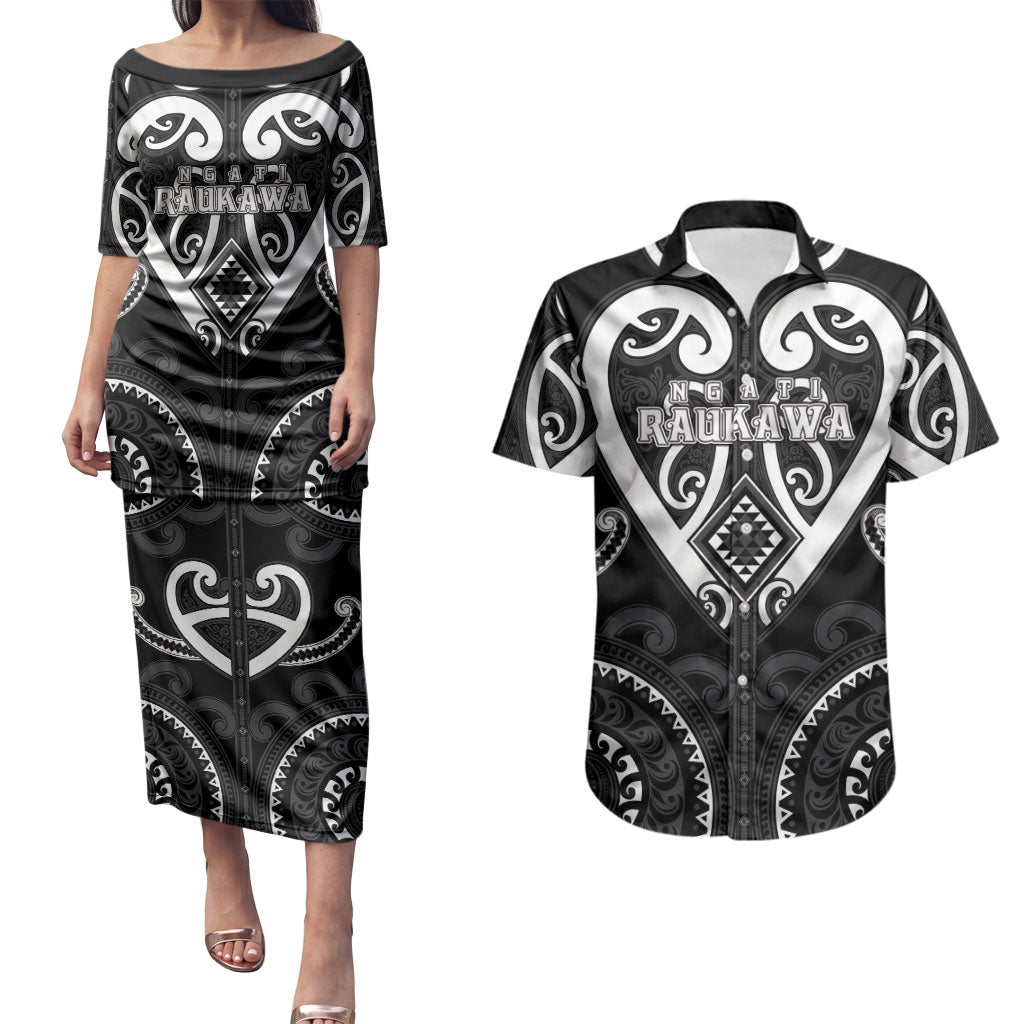 Custom Aotearoa Ngati Raukawa Couples Matching Puletasi and Hawaiian Shirt Maori Tribal Pattern LT05 Black - Polynesian Pride