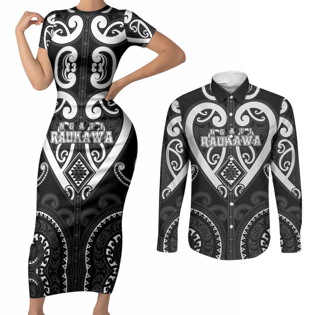 Custom Aotearoa Ngati Raukawa Couples Matching Short Sleeve Bodycon Dress and Long Sleeve Button Shirt Maori Tribal Pattern LT05 Black - Polynesian Pride