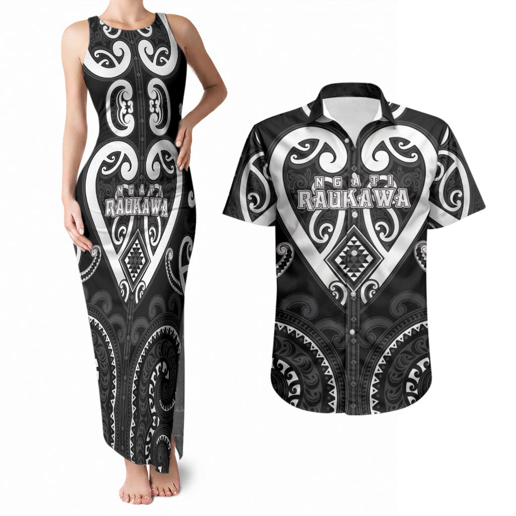 Custom Aotearoa Ngati Raukawa Couples Matching Tank Maxi Dress and Hawaiian Shirt Maori Tribal Pattern