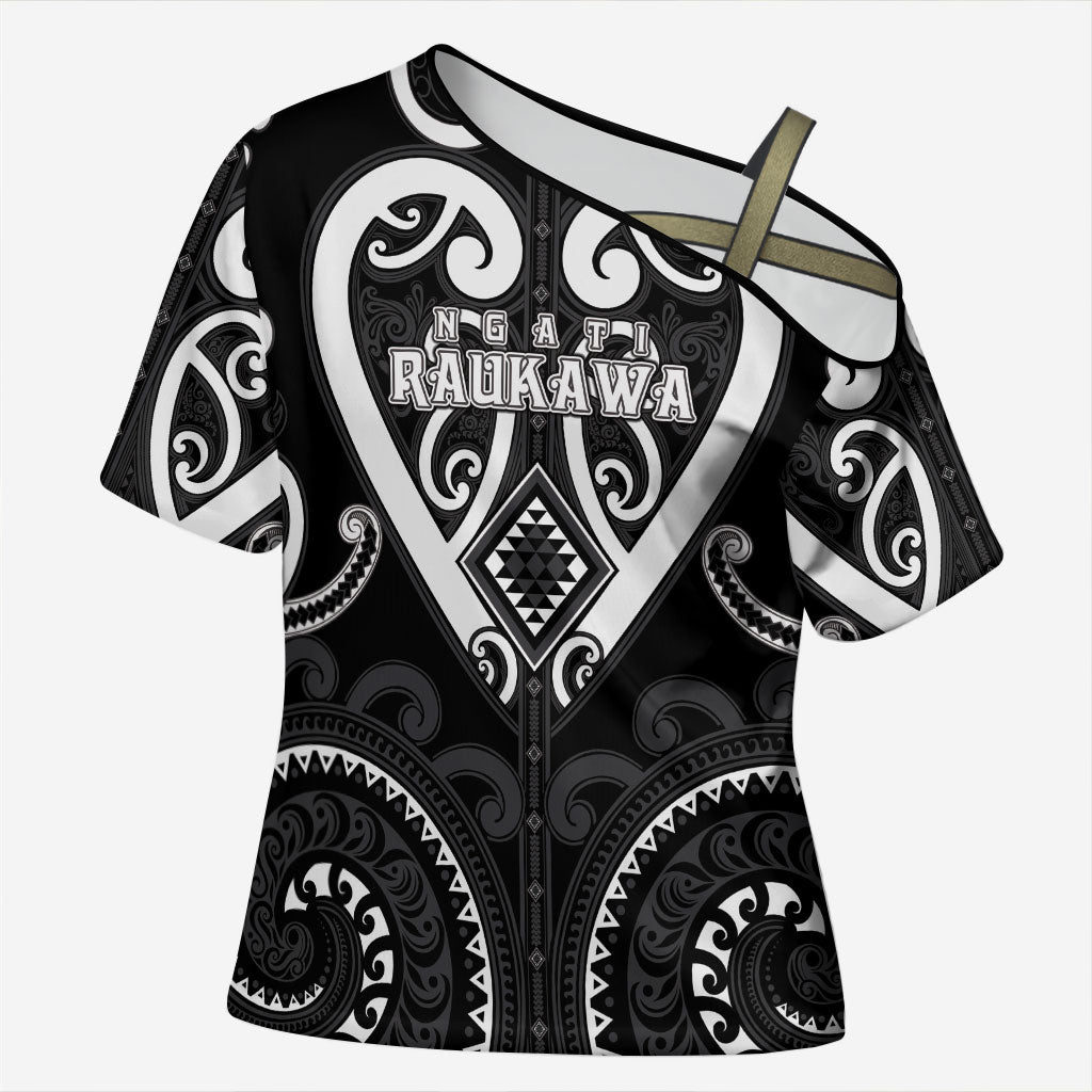 Custom Aotearoa Ngati Raukawa Cross Shoulder Shirt Maori Tribal Pattern LT05 Female Black - Polynesian Pride