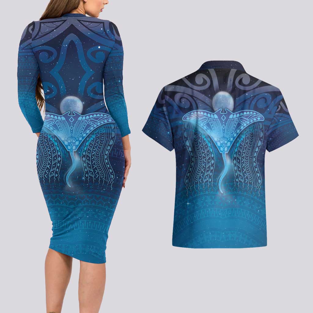 Polynesia Manta Ray Couples Matching Long Sleeve Bodycon Dress and Hawaiian Shirt Let's The Sea Set You Free - Polynesian Pride