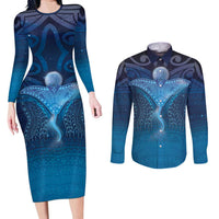 Polynesia Manta Ray Couples Matching Long Sleeve Bodycon Dress and Long Sleeve Button Shirt Let's The Sea Set You Free LT05 Blue - Polynesian Pride