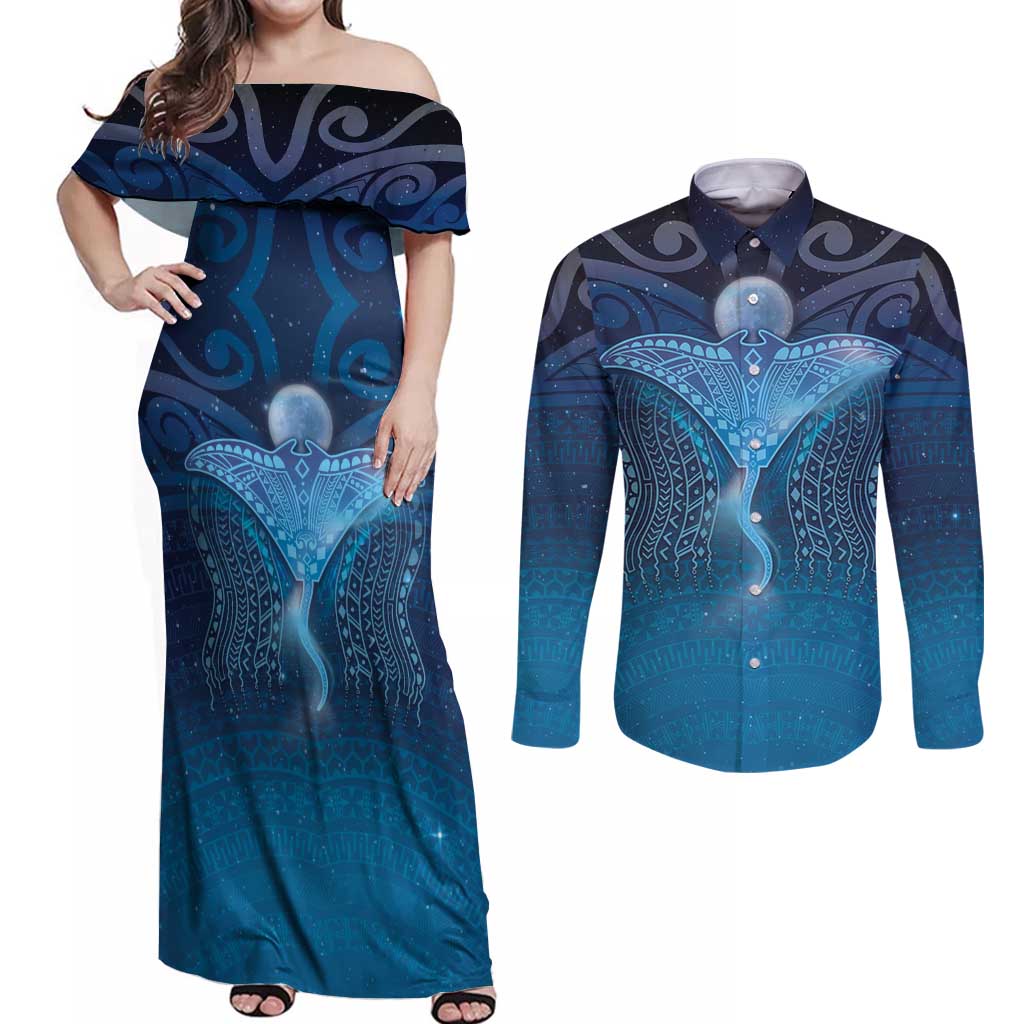 Polynesia Manta Ray Couples Matching Off Shoulder Maxi Dress and Long Sleeve Button Shirt Let's The Sea Set You Free - Polynesian Pride