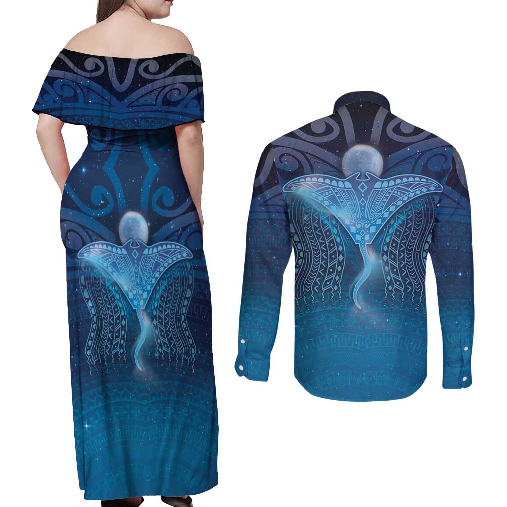 Polynesia Manta Ray Couples Matching Off Shoulder Maxi Dress and Long Sleeve Button Shirt Let's The Sea Set You Free - Polynesian Pride