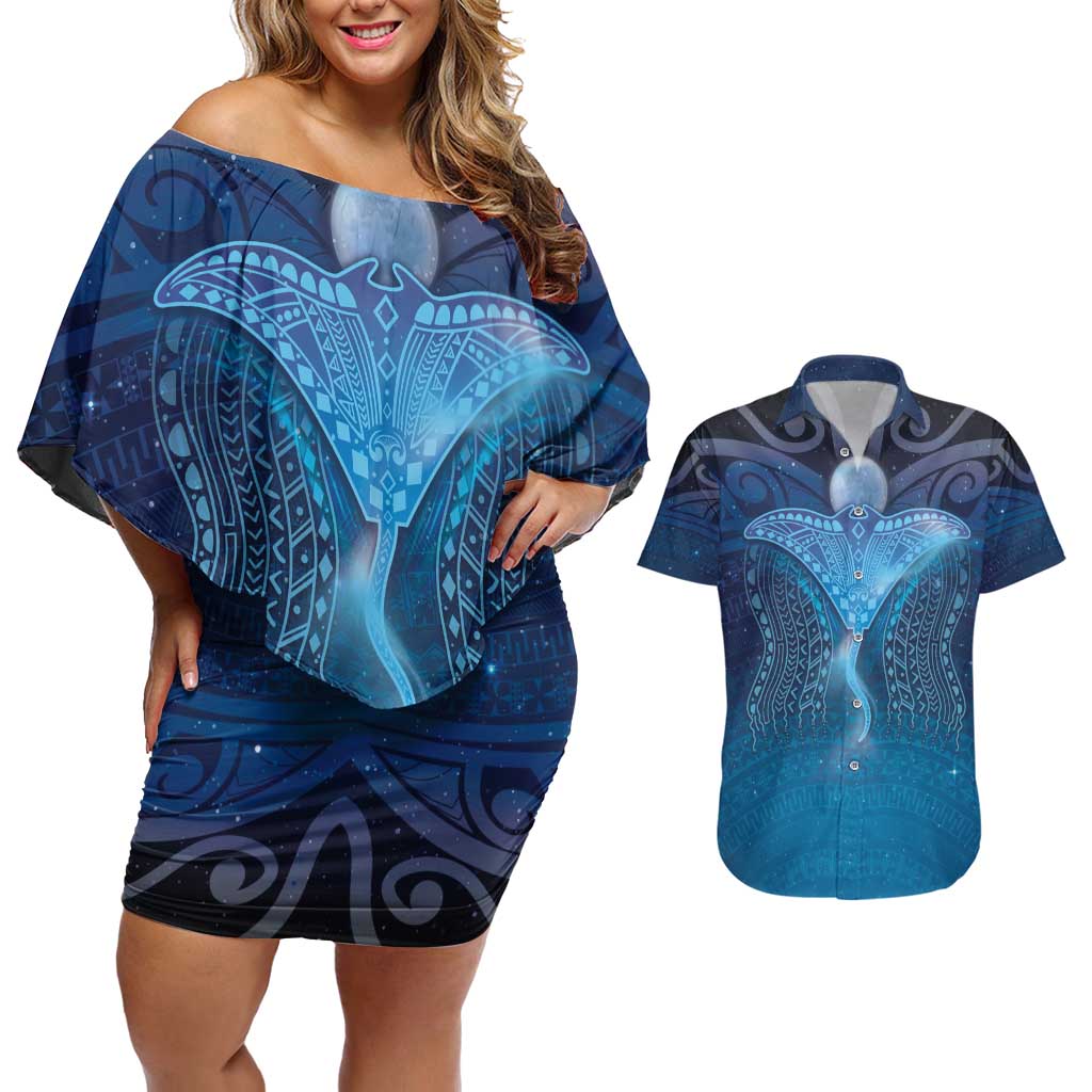 Polynesia Manta Ray Couples Matching Off Shoulder Short Dress and Hawaiian Shirt Let's The Sea Set You Free - Polynesian Pride