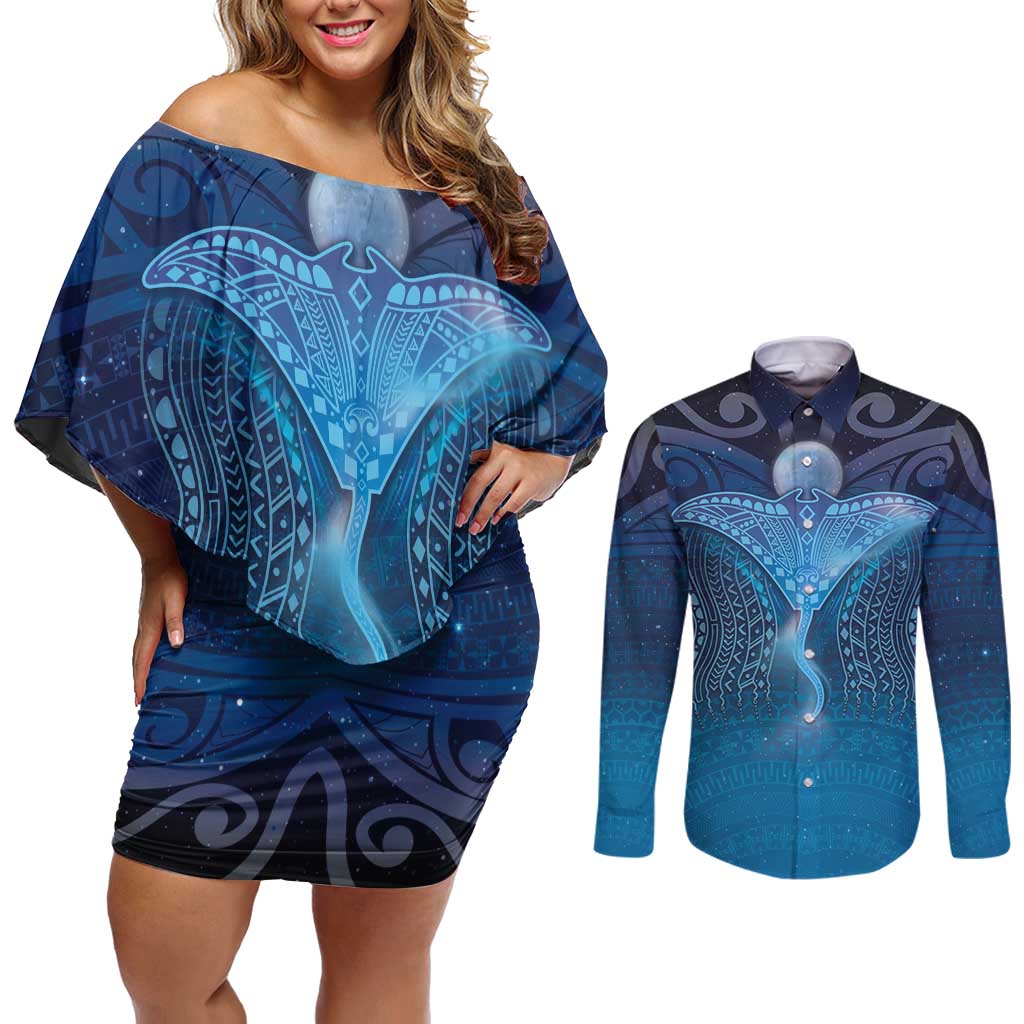 Polynesia Manta Ray Couples Matching Off Shoulder Short Dress and Long Sleeve Button Shirt Let's The Sea Set You Free - Polynesian Pride
