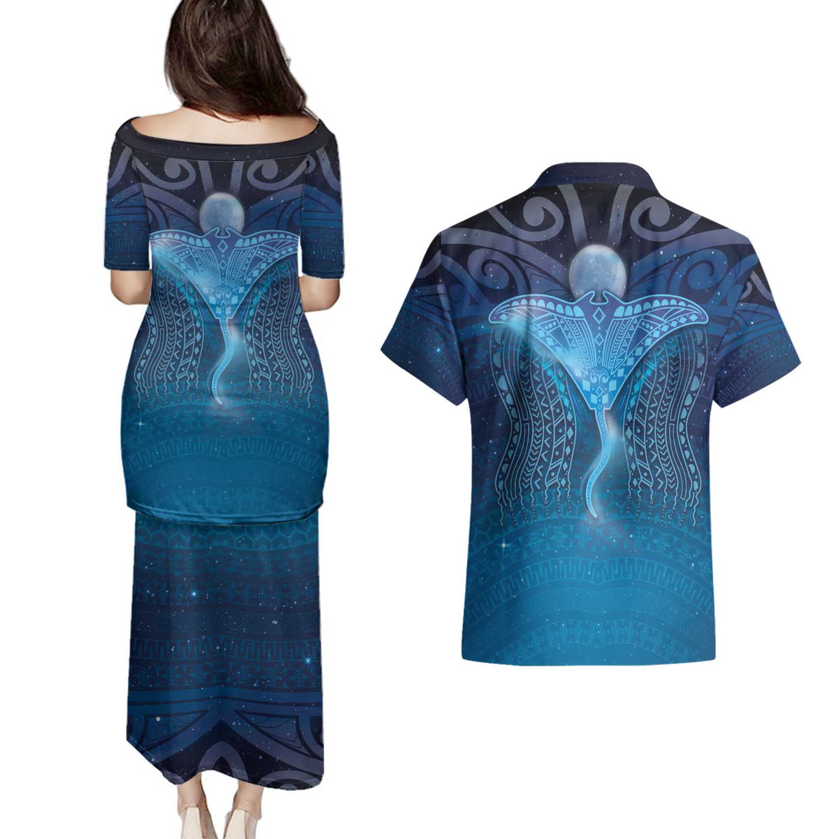 Polynesia Manta Ray Couples Matching Puletasi and Hawaiian Shirt Let's The Sea Set You Free - Polynesian Pride