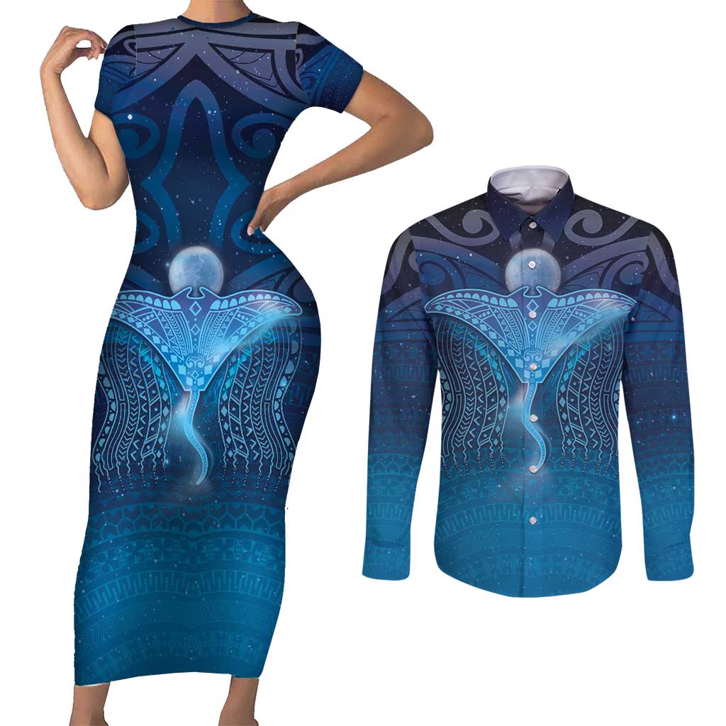 Polynesia Manta Ray Couples Matching Short Sleeve Bodycon Dress and Long Sleeve Button Shirt Let's The Sea Set You Free LT05 Blue - Polynesian Pride