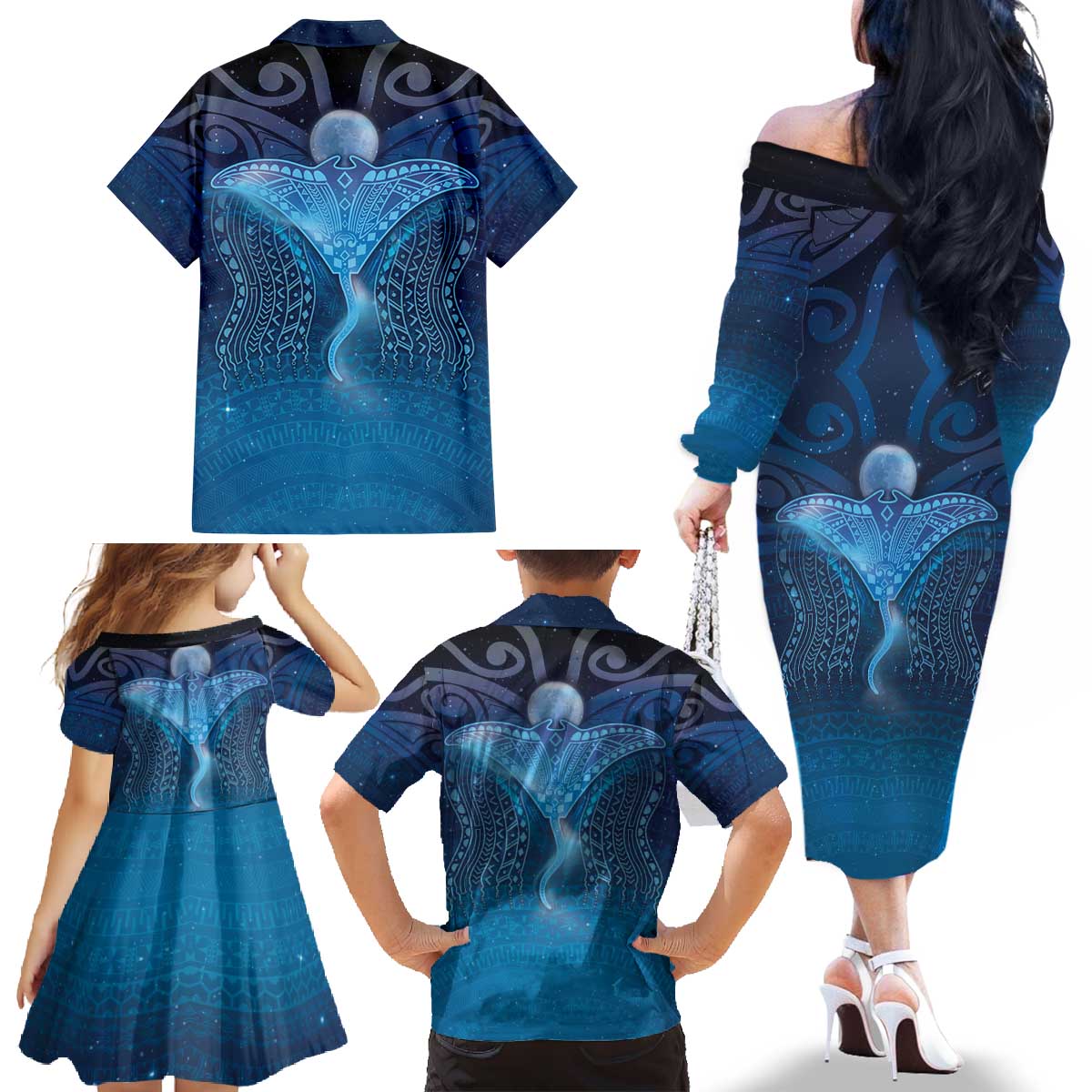 Polynesia Manta Ray Family Matching Off The Shoulder Long Sleeve Dress and Hawaiian Shirt Let's The Sea Set You Free - Polynesian Pride
