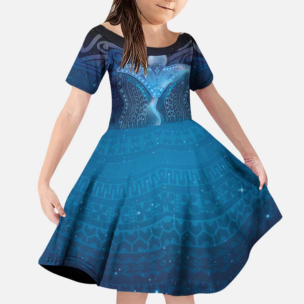 Polynesia Manta Ray Family Matching Puletasi and Hawaiian Shirt Let's The Sea Set You Free LT05 Daughter's Dress Blue - Polynesian Pride