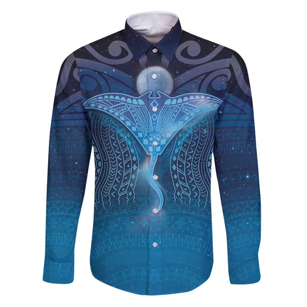 Polynesia Manta Ray Family Matching Puletasi and Hawaiian Shirt Let's The Sea Set You Free LT05 Dad's Shirt - Long Sleeve Blue - Polynesian Pride