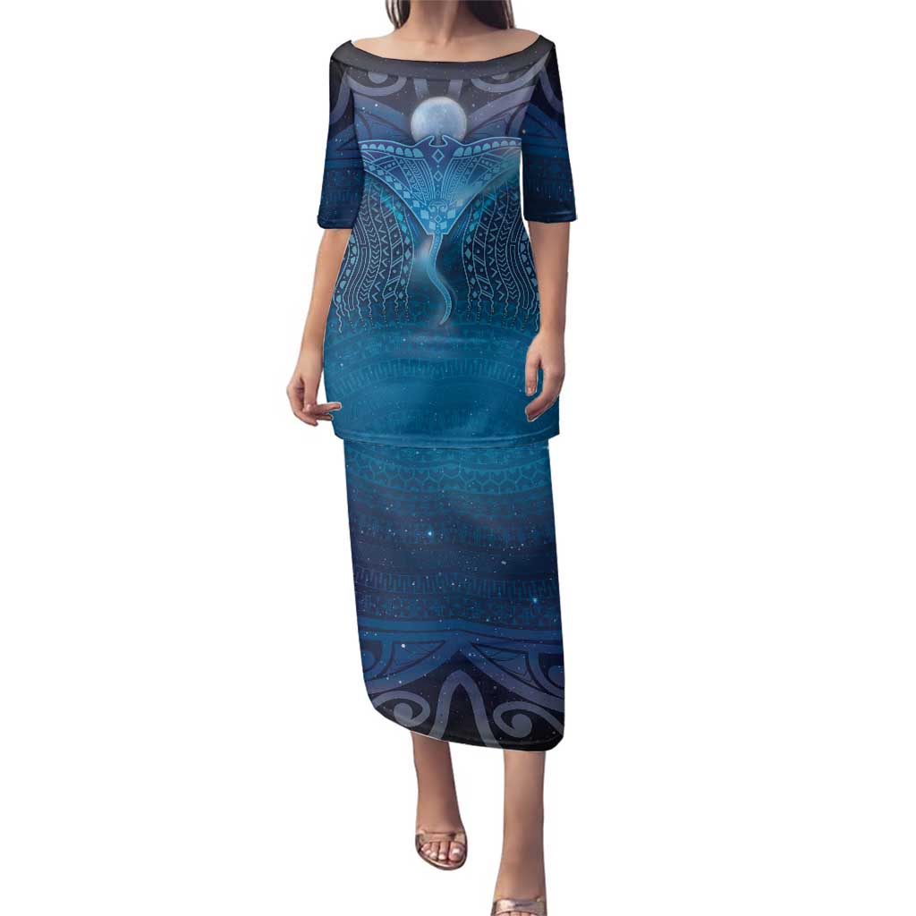 Polynesia Manta Ray Family Matching Puletasi and Hawaiian Shirt Let's The Sea Set You Free LT05 Mom's Dress Blue - Polynesian Pride