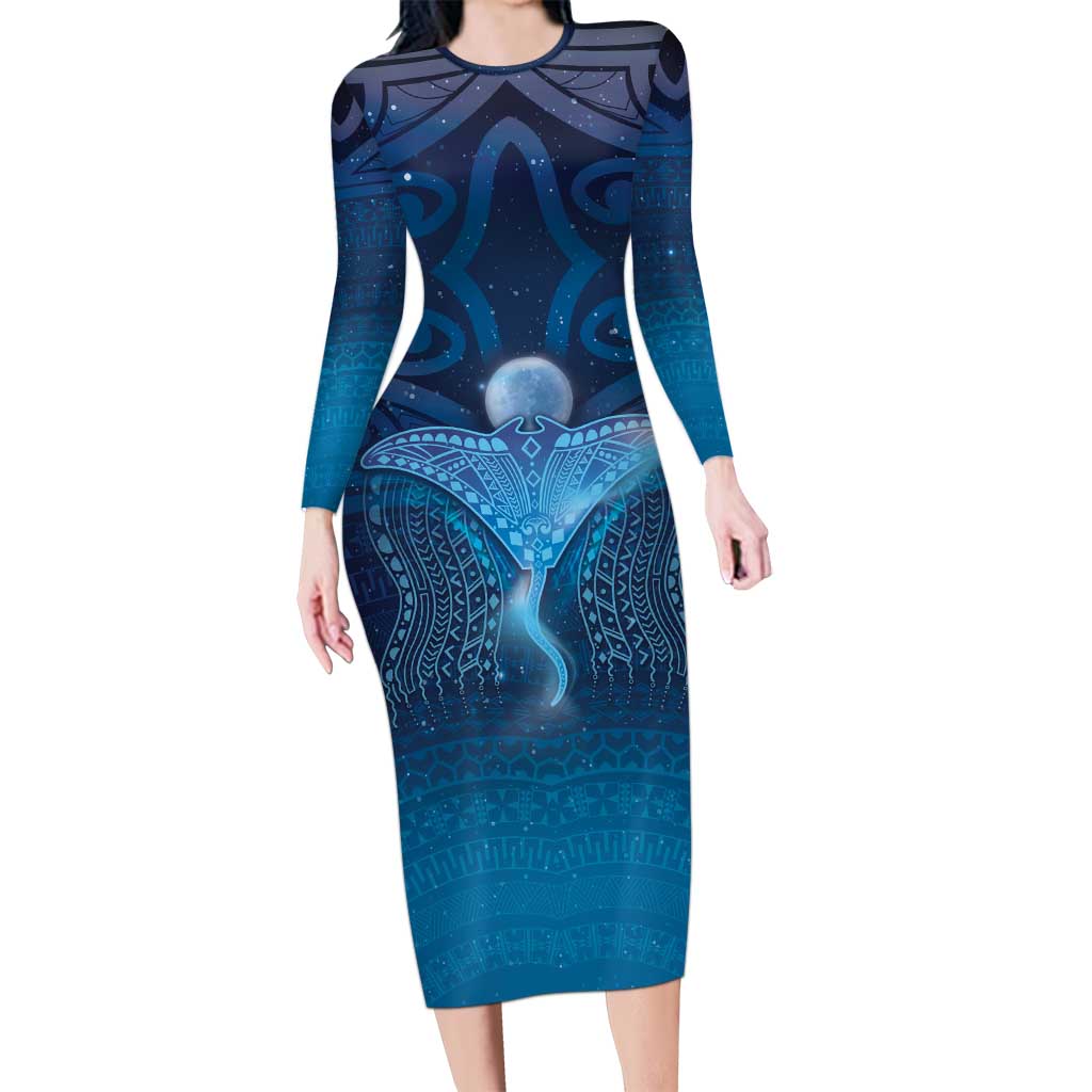 Polynesia Manta Ray Long Sleeve Bodycon Dress Let's The Sea Set You Free - Polynesian Pride